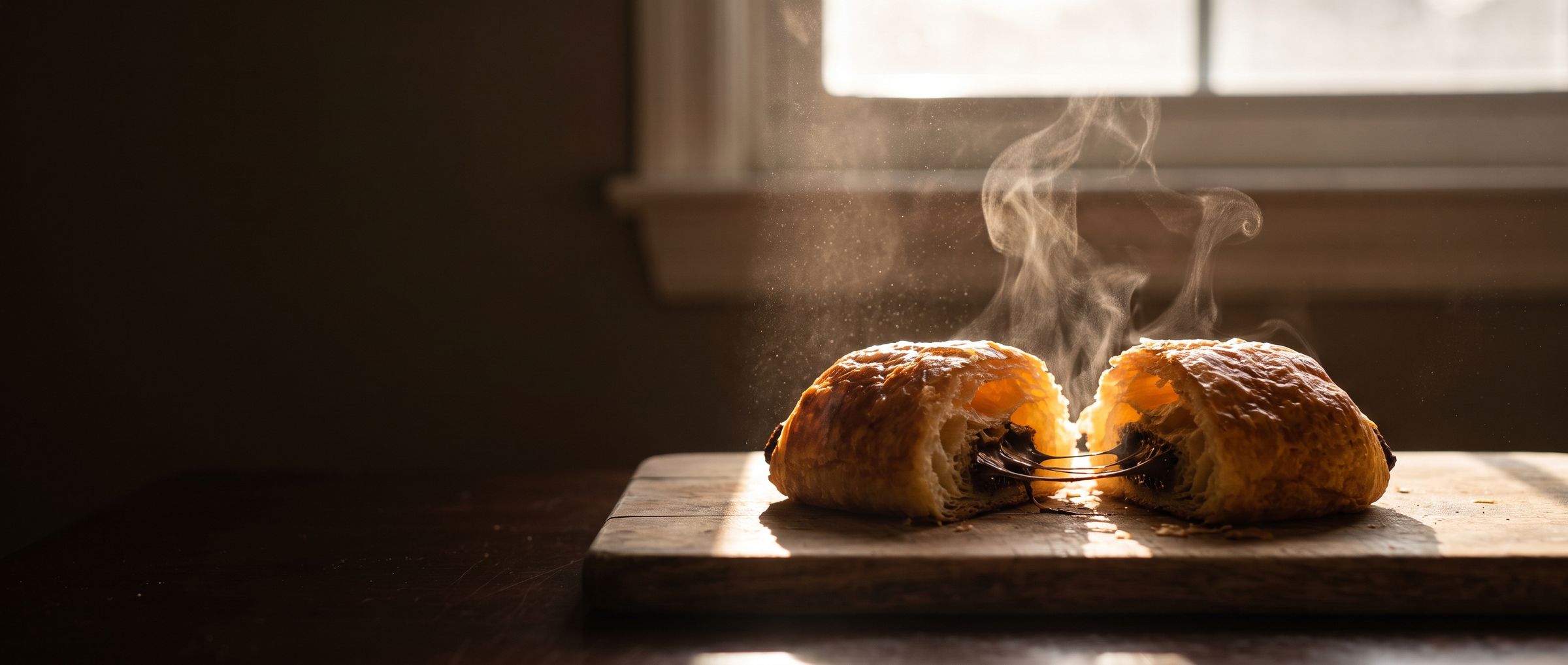 Un pain au chocolat ouvert en deux, encore fumant, dans un rai de lumière du matin