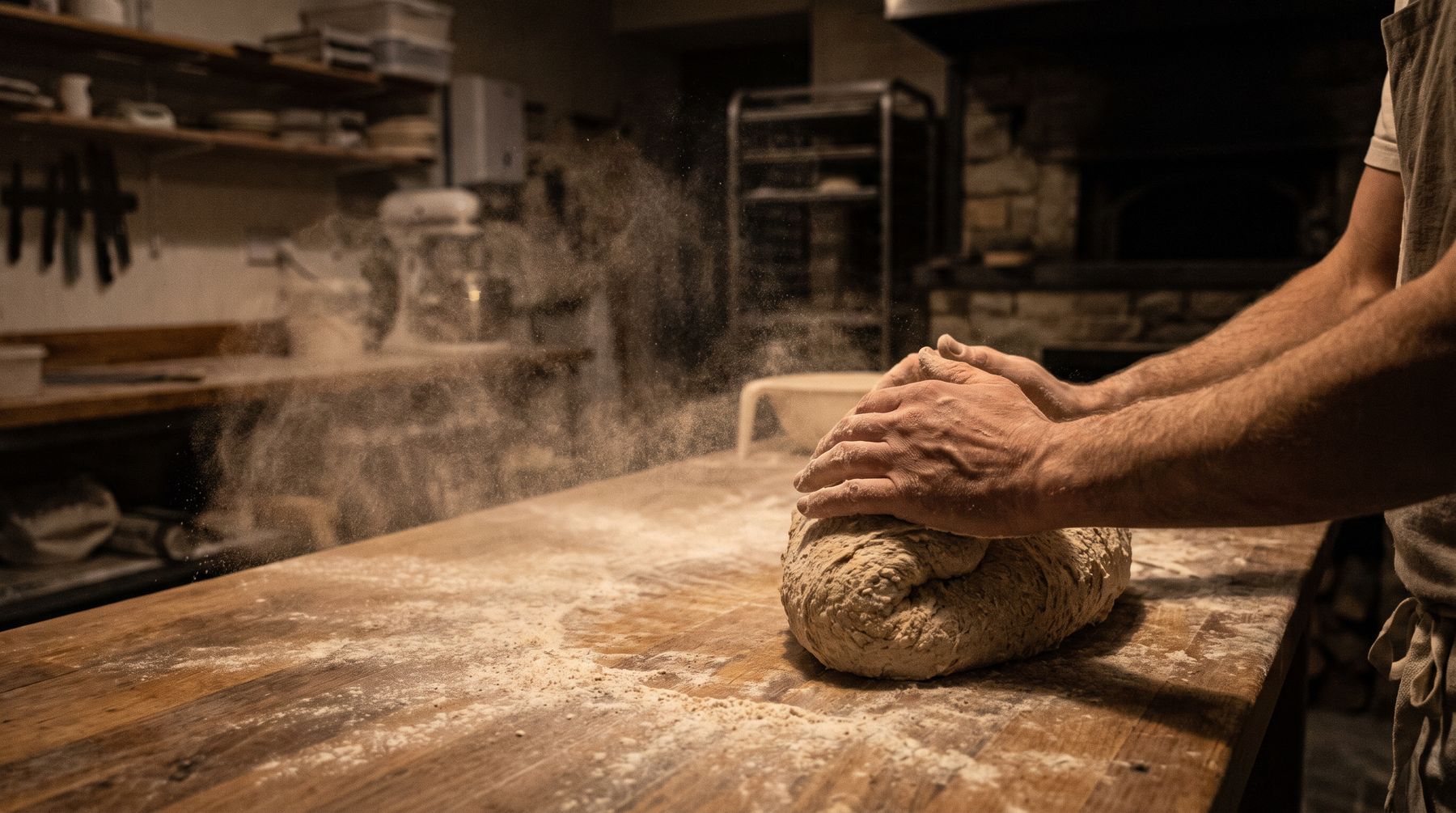 Mains du boulanger pétrissant la pâte dans un nuage de farine, bien avant le jour
