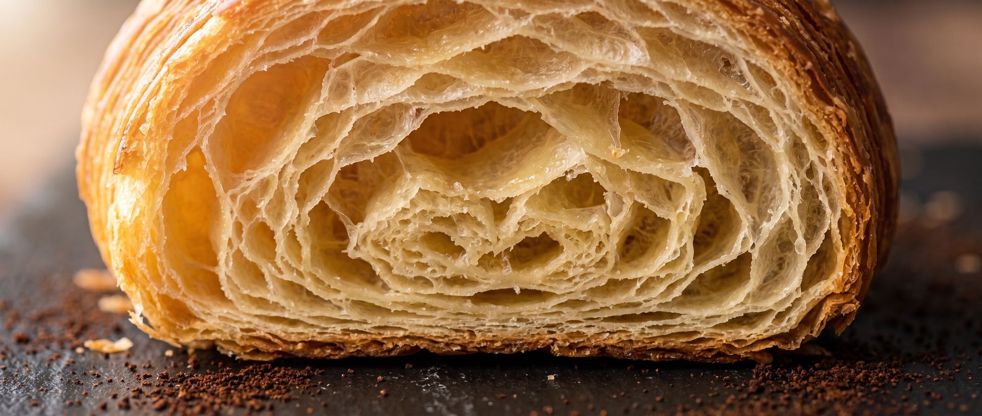 Macro d&rsquo;un croissant coupé, alvéoles et couches de feuilletage dorées